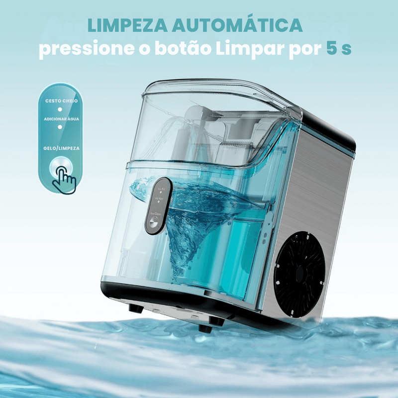 Máquina de Gelo de Bancada, Autolimpeza, Cesto & Pá, Reservatório 1,5 L, Aço Inox, — NugFlow™