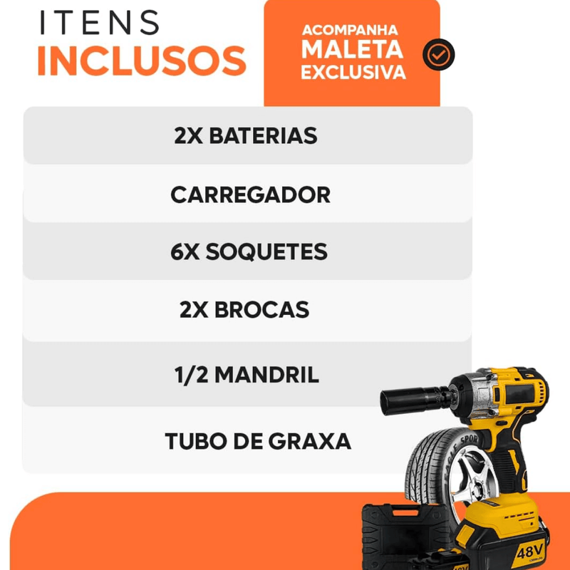 Chave de Impacto Recarregável 48 V Bivolt com 2 Baterias 2000 mAh, 2300 RPM - VoltForge™