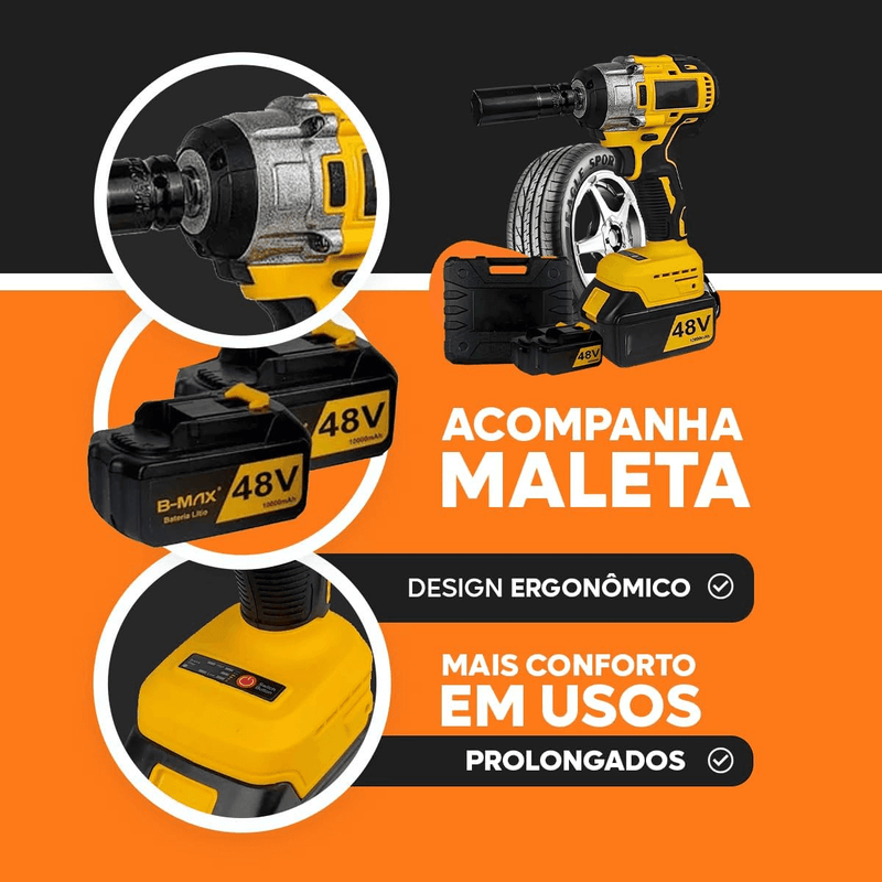 Chave de Impacto Recarregável 48 V Bivolt com 2 Baterias 2000 mAh, 2300 RPM - VoltForge™