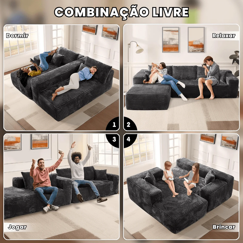 Sofá Modular em L com 3 Lugares, Sem Montagem, Estofado em Veludo Cotelê – CloudFlex™