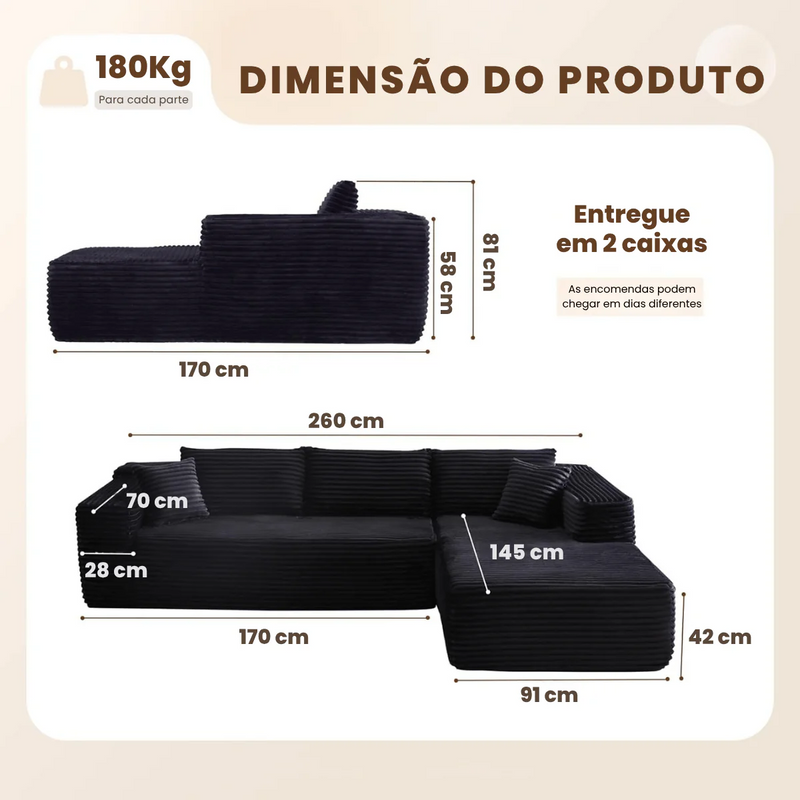Sofá Modular em L com 3 Lugares, Sem Montagem, Estofado em Veludo Cotelê – CloudFlex™