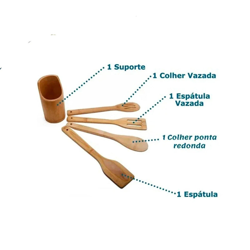 Jogo De Bambu 5 Peças Para Cozinha